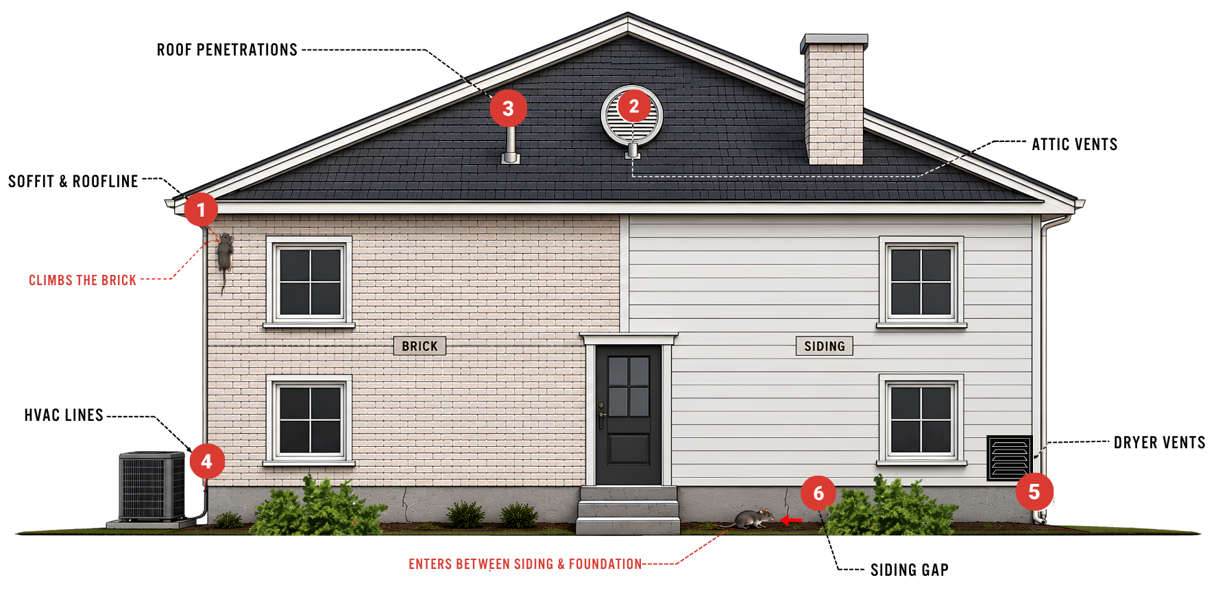 Cross-section of a Chicagoland home showing common rodent entry points